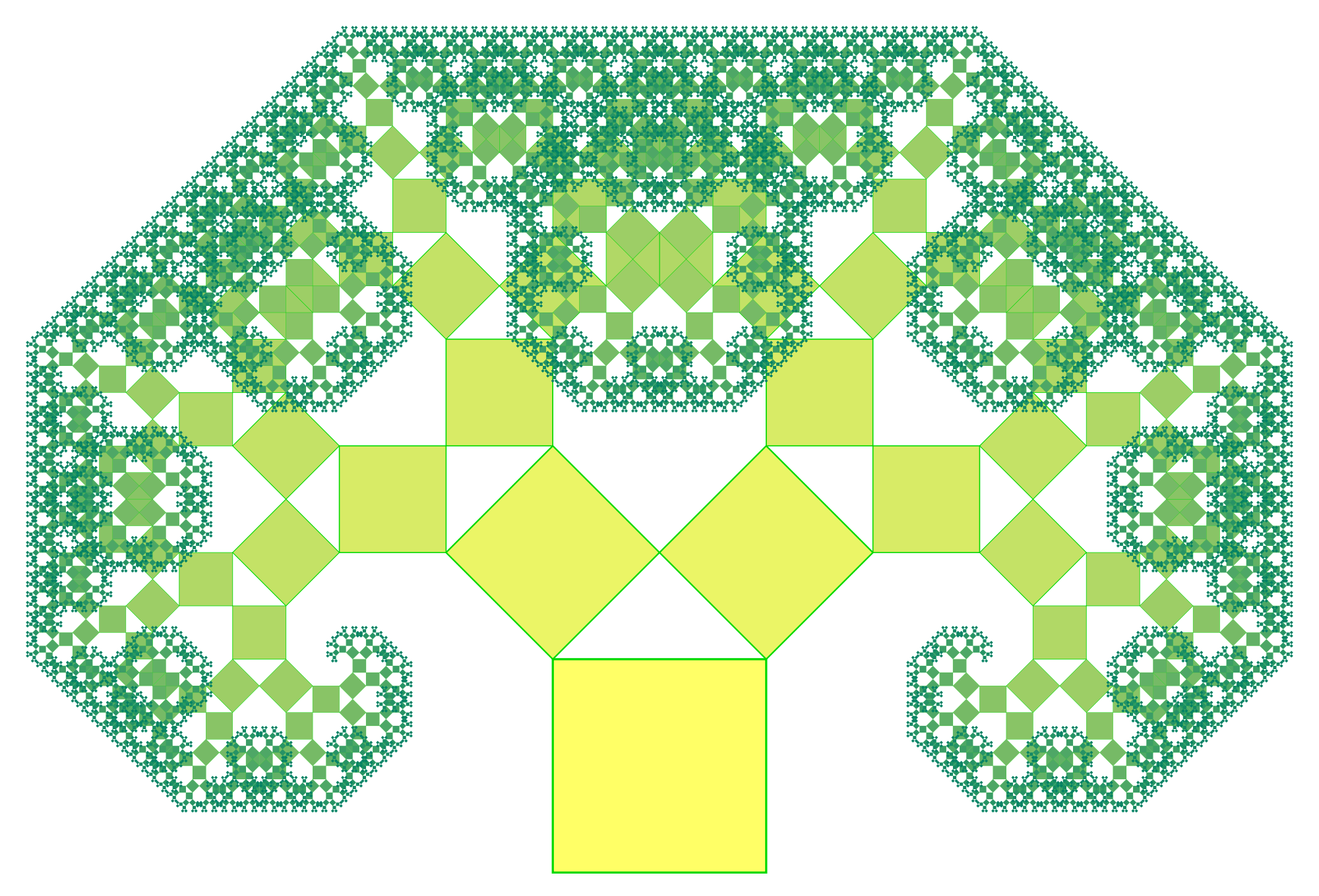Árbol de Pitágoras. Se trata de una familia de fractales caracterizada por la formación de triángulos rectángulos. Para Pitágoras, todo, empezando por la naturaleza, se entendía desde la matemática. 